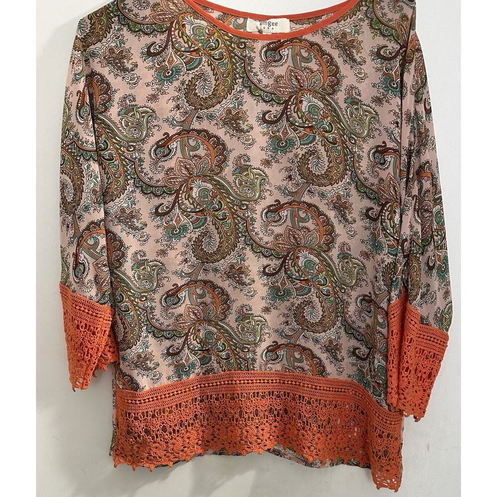 UMGEE Women’s Shirt Orange Floral Semi Sheer Boho 3/4 Sleeve Crochet Trim Size M